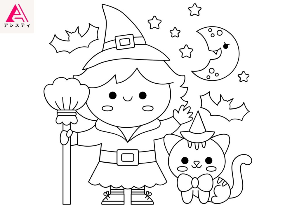 ハロウィン塗り絵魔女1
