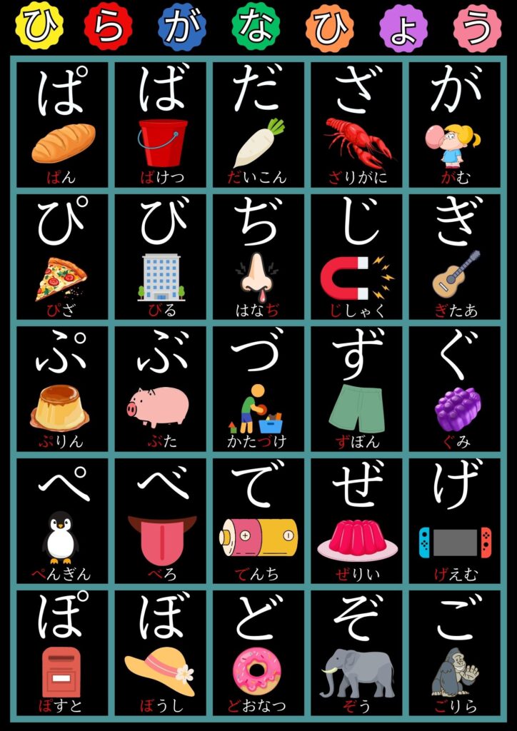 あいうえお表濁音 A4UDモトヤ明徴フォント背景黒