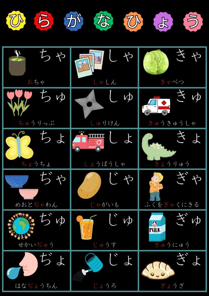 あいうえお表拗音1 A4モトヤ教科書フォント背景黒