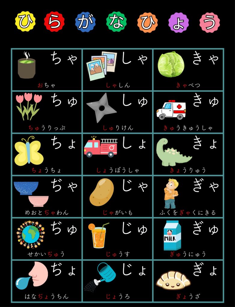 あいうえお表拗音1 A4モトヤ教科書フォント背景黒