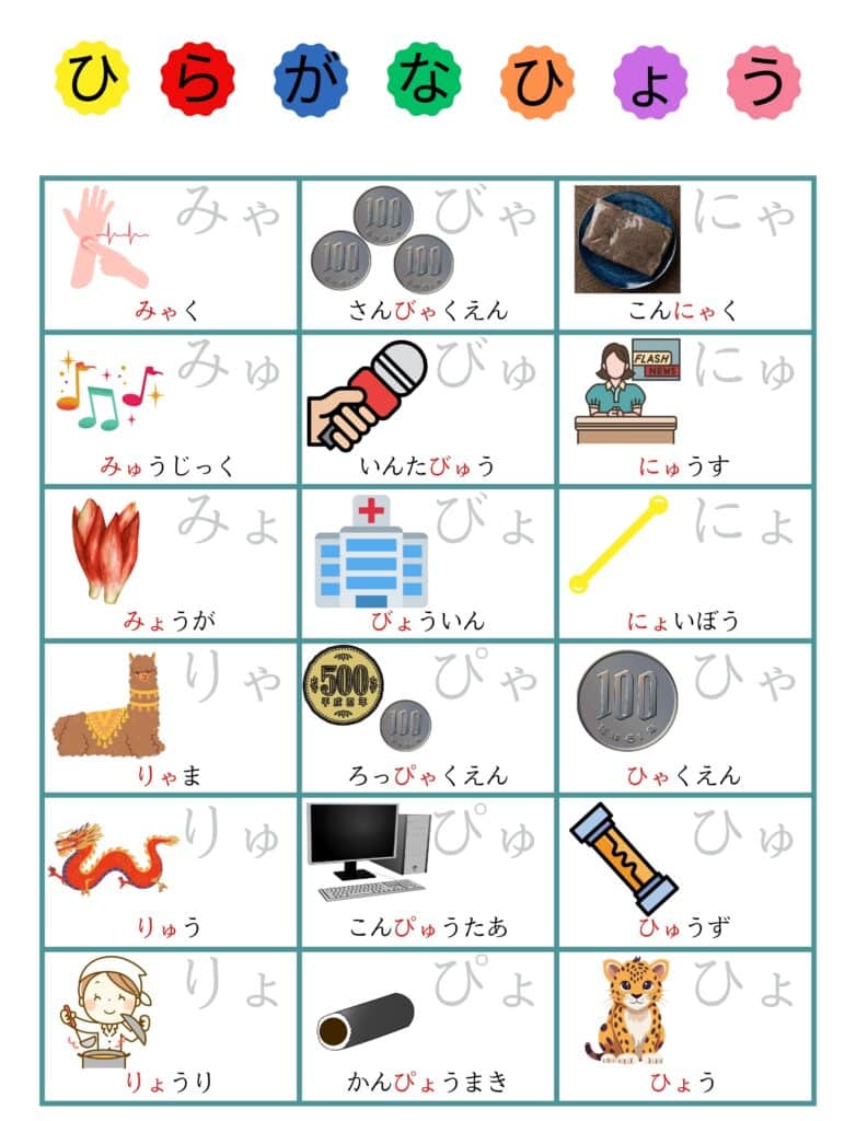 あいうえお表拗音2 模造紙UDモトヤ明徴フォントなぞり背景白