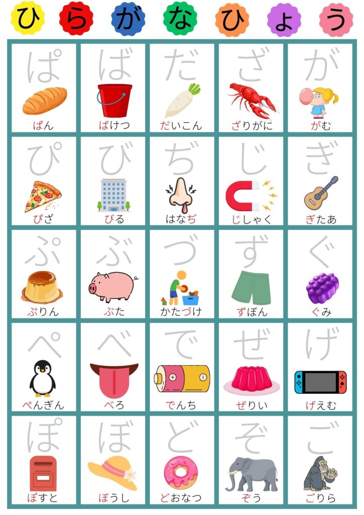 あいうえお表濁音 A4NotoSansJPフォントなぞり背景白