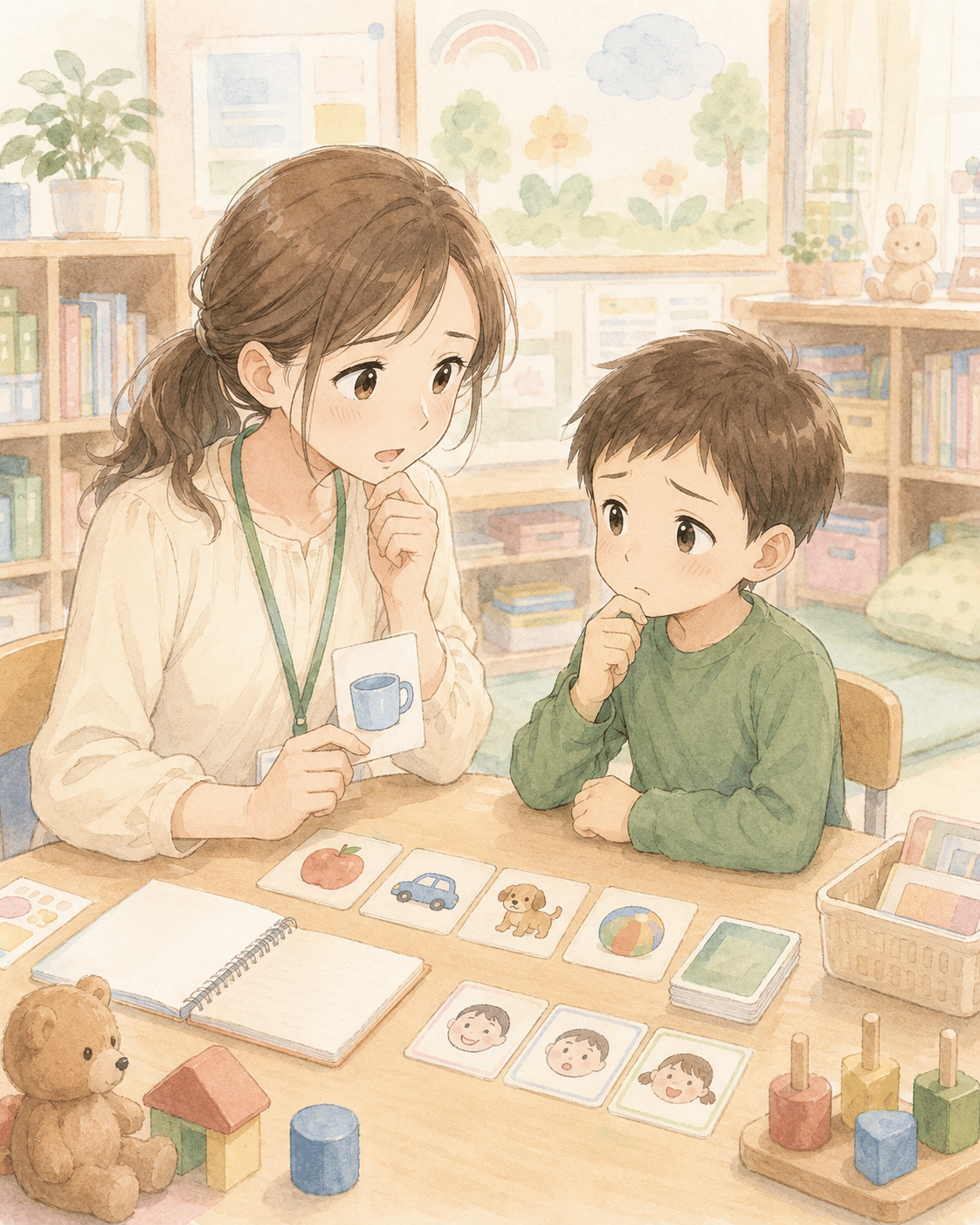 コミュニケーションの指導で悩んでいる先生と子どものイメージ