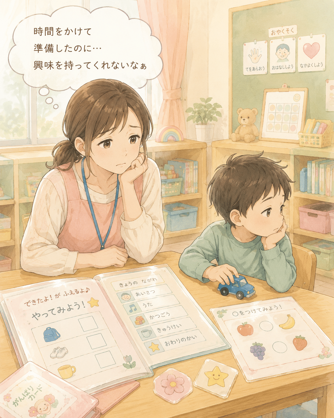 準備した教材に子どもが興味を示さず悩んでいる先生のイメージ