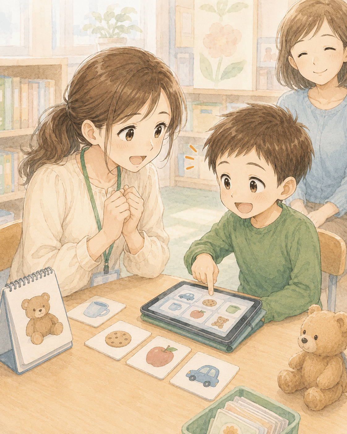 カードやタブレットで伝わった経験を積む子どものイメージ
