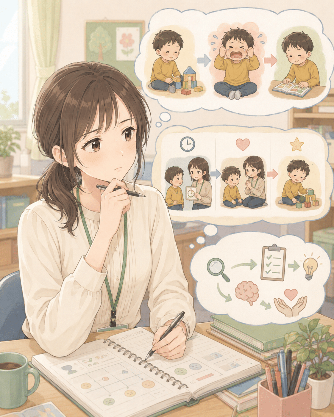 問題行動への対応に自信が持てず悩んでいる先生のイメージ