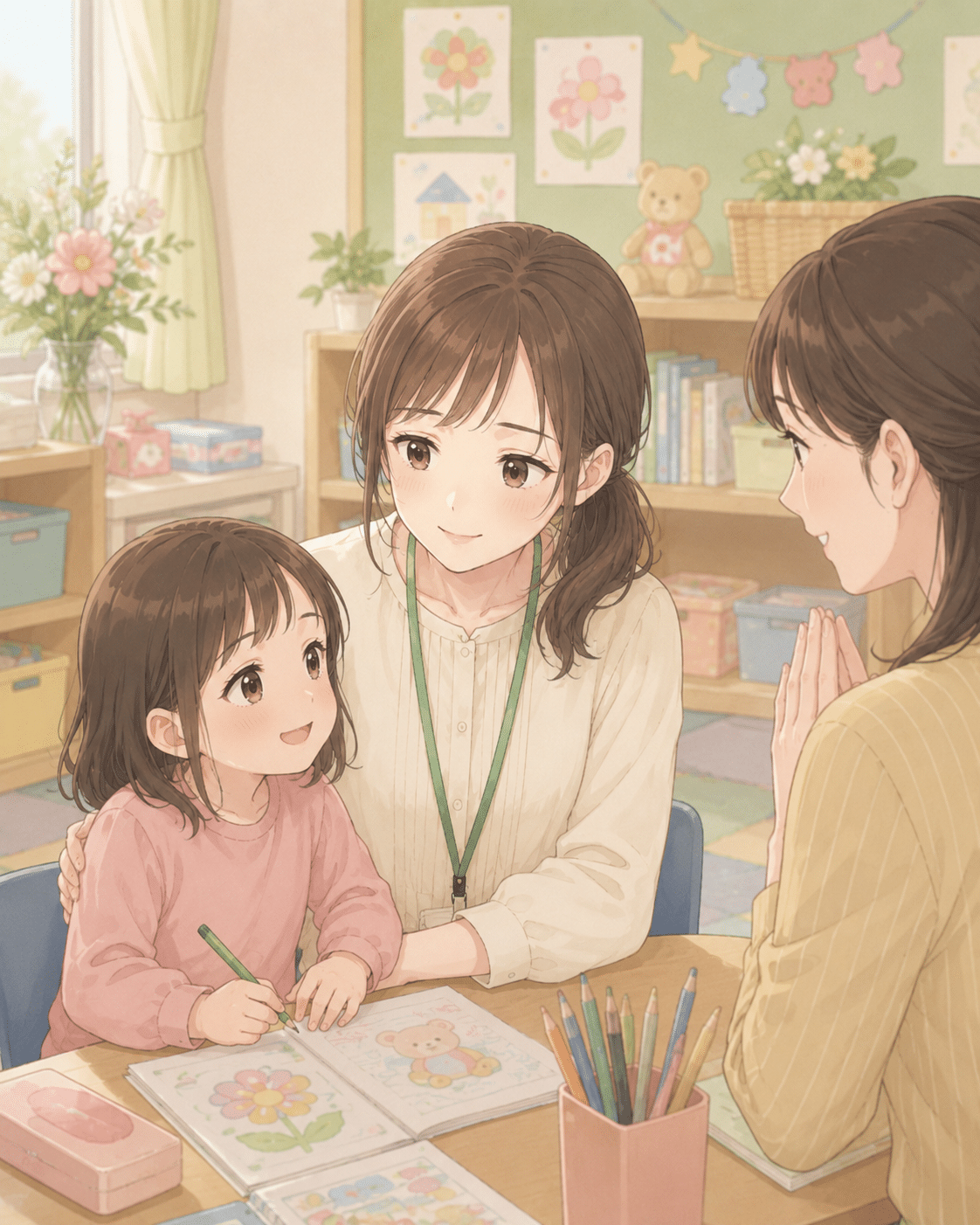根拠ある支援で子どもや保護者に安心して関わる先生のイメージ