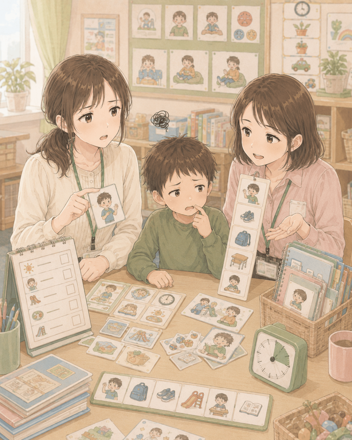 支援が多すぎたり指示が複数あったりして子どもが混乱しているイメージ