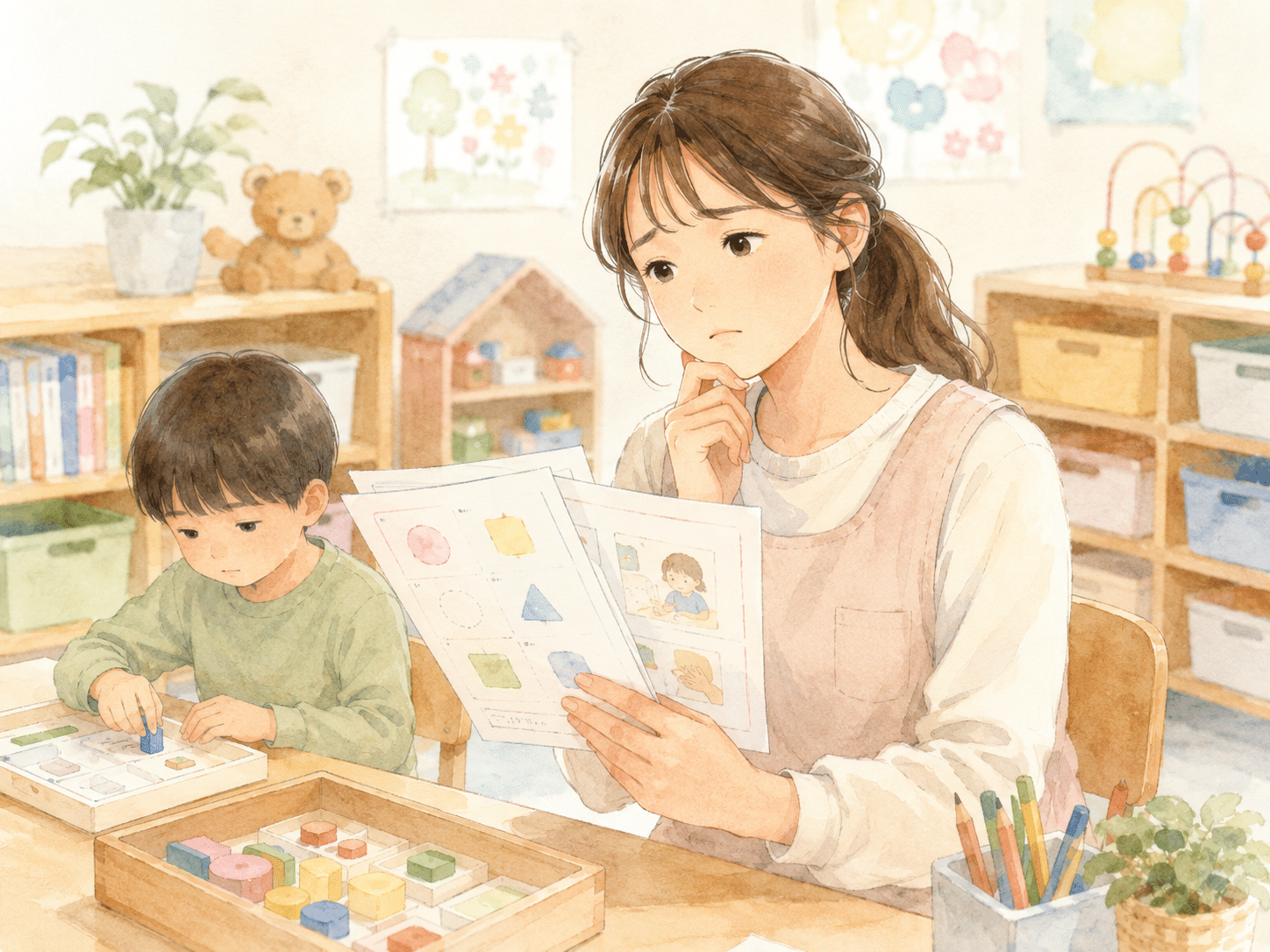 自立活動で何をしたらいいか悩んでいる先生のイメージ