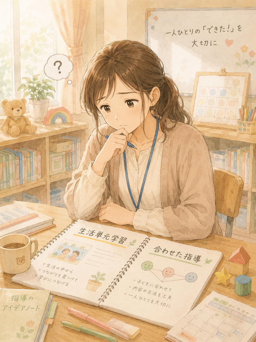 生活単元学習や合わせた指導を30秒で説明できず悩んでいる先生のイメージ