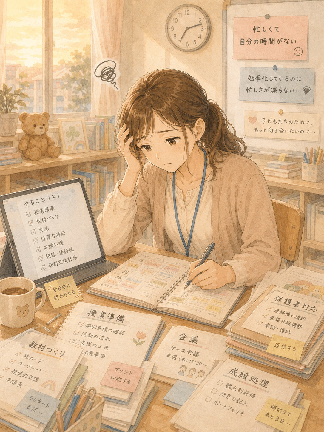 忙しくて自分の時間がなく悩んでいる先生のイメージ
