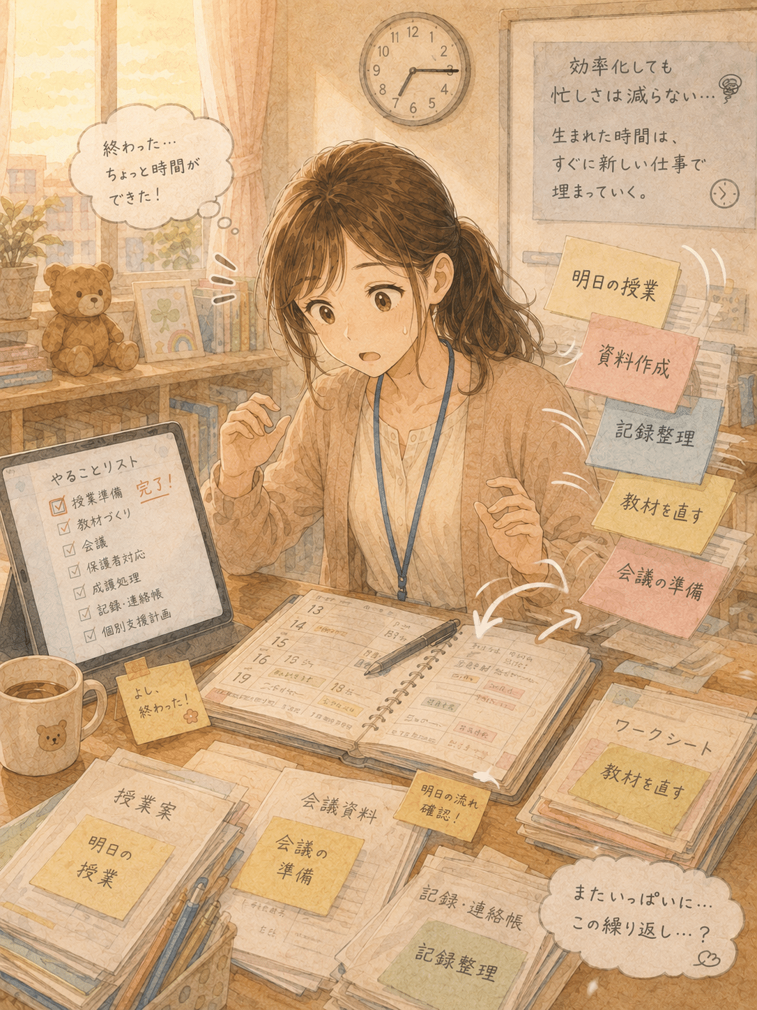 効率化しても別の仕事で時間が埋まり忙しさが減らないイメージ